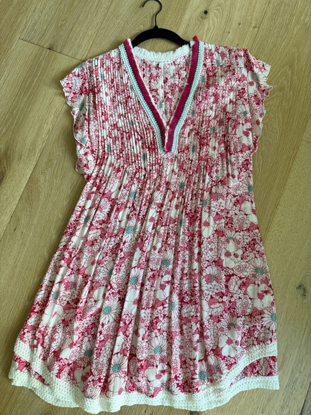 Poupette St. Barth Pink and White Floral Cotton Dress with Turquoise Trim